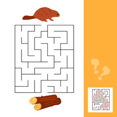 Cartoon illustration of educational maze puzzle game for children with beaver and wood logs. Simple game for children with solution © brillianata