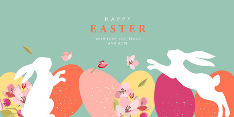 Happy Easter greeting card. Trendy Easter design with border made of eggs, bunny and spring flowers in pastel colors on soft green. Modern flat style. Horizontal poster, banner, header for website