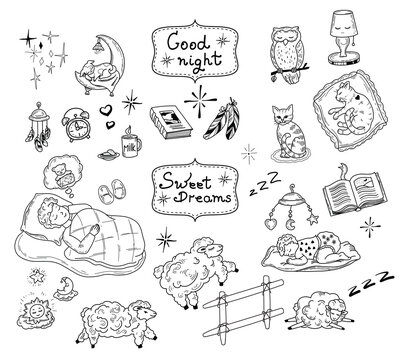 Set of drawings of cute handdrawn vector illustrations on the theme of sleep