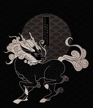 mythological creature - qilin, black and gold colours, simple wave pattern and circle form