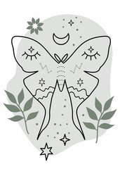 Vector illustration magic with butterfly, moon, stars and leaves.  Mystical template for cards, banners, flyers, posters, stickers. Line art style