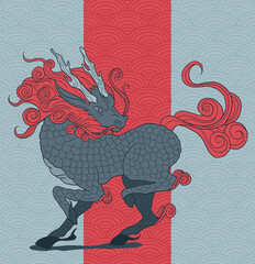 mythological creature - qilin, blue and vibrant red colours, simple wave pattern and rectangle form