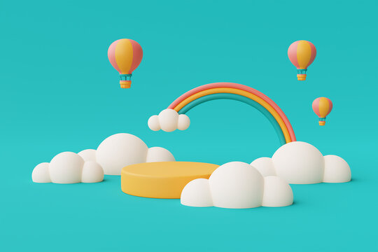 3d rendering of Summer vacation concept,colorfull podium display with hot air balloon,clouds and rainbow ,minimal style.3d render.