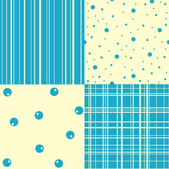Set of four simple geometric seamless patterns with stripes and polka dot. Vector illustration.