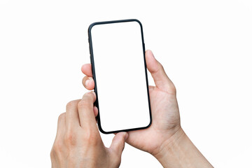 Male hand holding smartphone with blank screen isolated on white background.