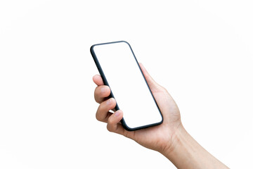 Fototapeta na wymiar Male hand holding smartphone with blank screen isolated on white background.
