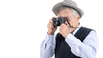 Happy asian elderly old man hobby photographer travel portrait copy space for your advertisement or promotional text on isolated white background, People lifestyle concept.