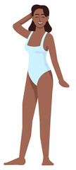 Smiling female model posing in swimsuit semi flat RGB color vector illustration. Self-acceptance. Person promoting body positivity approach isolated cartoon character on white background