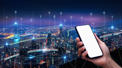 Smart connection network system, smart city network concept, 5G wireless connection.