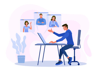 A man sits at a table with a laptop and leads an online conference webinar. Women and men participate in video conferences, communicate and learn through the Internet. Vector illustration in a flat.