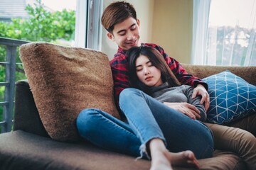 Obraz premium asian man and woman relax in house, People lifestyle concept.