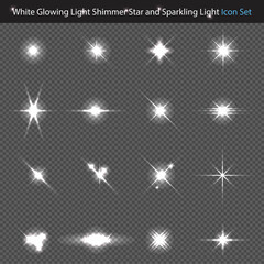 White Glowing Light Shimmer Star And Sparkling Light Icon Set - Vector