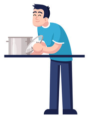 Pleased man preparing soup in pot semi flat RGB color vector illustration. Posing figure. Person participating in cooking class for adults isolated cartoon character on white background