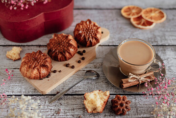 Romantic food still life delicious and beautiful breakfast latte coffee and homemade muffins on wooden background