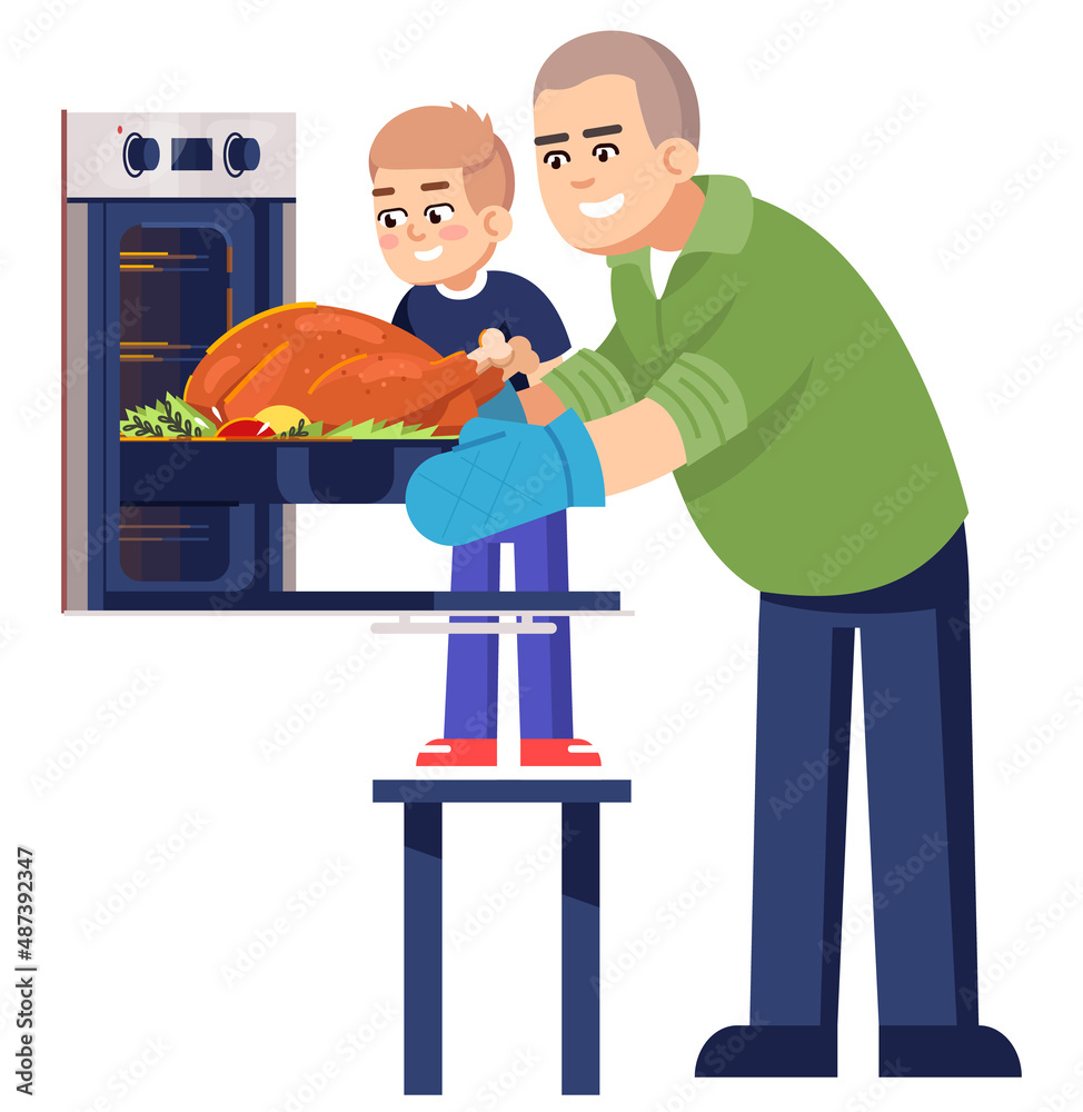 Sticker Dad and son baking whole chicken semi flat RGB color vector illustration. Posing figures. Person participating in cooking class for kid at home isolated cartoon characters on white background