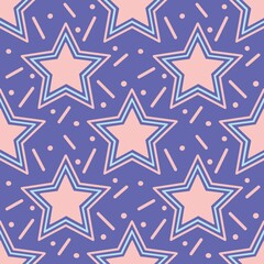 Pink stars on a very peri blue background. Trendy seamless pattern in Y2K style. Print can be used for fabric, wallpaper, and wrapping paper design. Colorful background: glamour funky party decor. 
