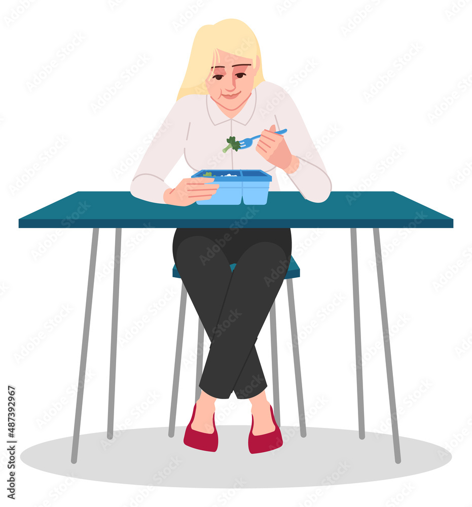 Poster office lady eating healthy food during lunch break semi flat rgb color vector illustration. sitting 