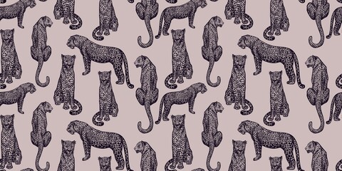Leopard animal seamless pattern on purple background. Retro savannah animals in engraving style. © Purple_Lamp