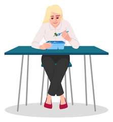 Office lady eating healthy food during lunch break semi flat RGB color vector illustration. Sitting figure. Healthy appetite. Person eating out alone isolated cartoon character on white background