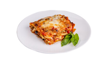 lasagna on light plate on white background for restaurant menu