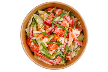 salad with red pepper cucumber tomato and smoked chicken on white background for restaurant menu