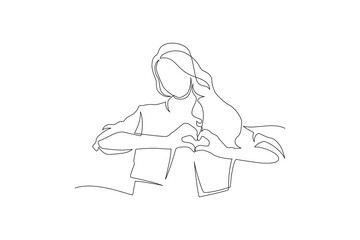 Lifestyle Concept Beautiful attractive woman making a heart symbol with her hands continuous line drawing. Vector illustration.