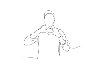 Young businessman wearing elegant in love doing heart symbol shape with hands continuous line drawing. Romantic concept.