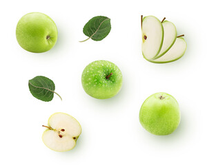 Set green apple and slice with leaf