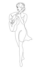 Silhouette of a beautiful woman with a guitar in a modern continuous line style. Girl guitarist, slender. Continuous line drawing, decor aesthetic outline, posters, stickers, logo. Vector illustration