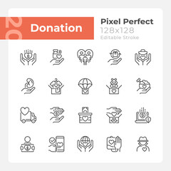 Donation opportunities pixel perfect linear icons set. Giving items away for free. Charitable organization. Customizable thin line symbols. Isolated vector outline illustrations. Editable stroke
