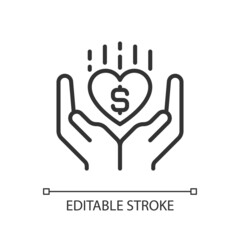 Philanthropy pixel perfect linear icon. Philanthropic organization. Improve human welfare. Thin line illustration. Contour symbol. Vector outline drawing. Editable stroke. Arial font used