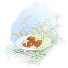 Falafel balls with salad leaves on a plate among chickpea leaves. Painted sketch. Vector illustration