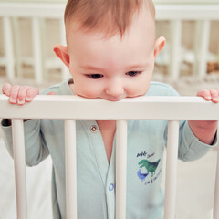 Baby gnaws at the edge crib during teething itching. Funny child scratching his teeth on the rail bed, age six months