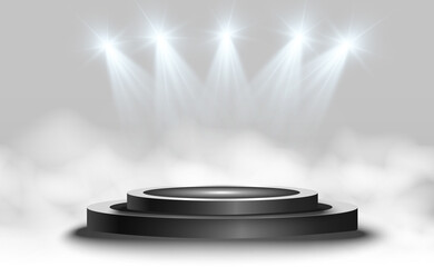 	
Round podium, pedestal or platform, illuminated by spotlights in the background. Vector illustration. Bright light. Light from above. Advertising place	