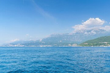 Scenic panoramic landscape view on Bay of Kotor, Montenegro with mountains at sundown.
