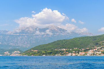Scenic panoramic landscape view on Bay of Kotor, Montenegro with mountains at sundown. - 487396141