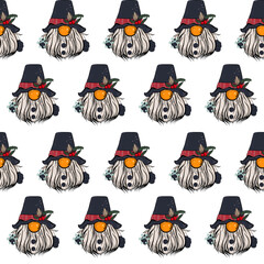 Seamless pattern illustration of a gnome with a beard in a hat. New year and christmas symbol on white isolated background. High quality illustration