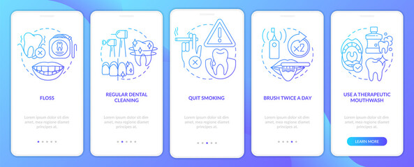 Gum disease treatment blue gradient onboarding mobile app screen. Walkthrough 5 steps graphic instructions pages with linear concepts. UI, UX, GUI template. Myriad Pro-Bold, Regular fonts used