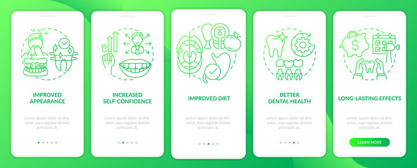 Tooth enhancement benefits green gradient onboarding mobile app screen. Walkthrough 5 steps graphic instructions pages with linear concepts. UI, UX, GUI template. Myriad Pro-Bold, Regular fonts used
