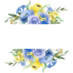 Watercolor Blue and Yellow Flowers Frame, Hand painted Spring Floral Frame, Hydrangea, Roses, Peony, Wildflowers Summer Border, Isolated on white, Wedding, Design, Eco, Nature Empty Frame