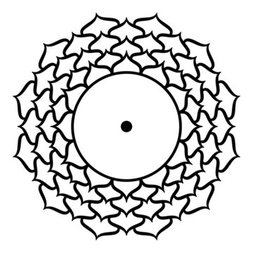 Sahasrara, Crown chakra, meaning thousand-petalled. Seventh chakra, located on the top of the head. Highest spiritual centre, and pure consciousness. Lotus with 1000 petals, and a bindu in the center.