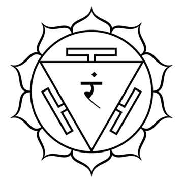 Manipura, Navel chakra, meaning city of jewels. Traditional representation of the third primary chakra, located above the navel. Lotus with 10 petals, a fire triangle, and the seed syllable Ram, fire.