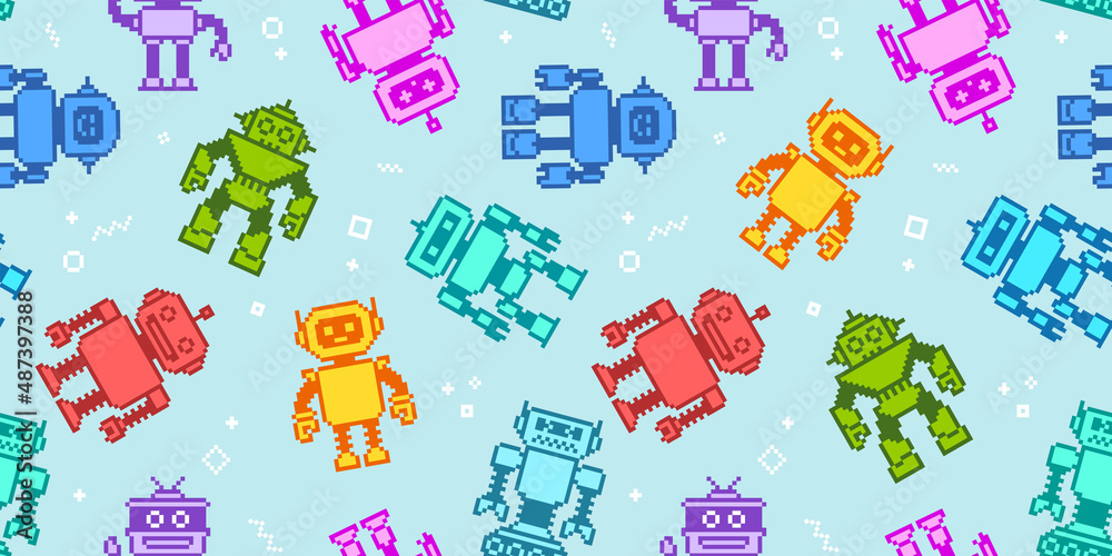 Poster pixel art cartoon robots and aliens in 8-bit retro game style - vector seamless pattern. cute cartoo