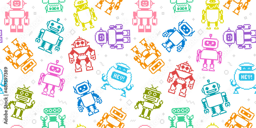 Aufkleber seamless pattern of cartoon robots and aliens in 8-bit retro game style - vector seamless pattern. c