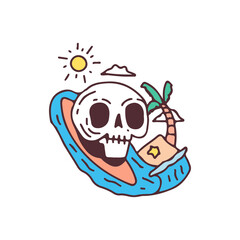 Summer skull surfing, illustration for t-shirt, sticker, or apparel merchandise. With doodle, retro, and cartoon style.
