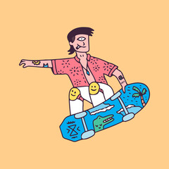 Man with mullet hair and one eye freestyle with skateboard, illustration for t-shirt, sticker, or apparel merchandise. With doodle, retro, and cartoon style.