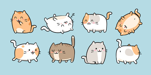 Cute Kawaii Cats or kittens in funny poses - isolated vector. Funny cartoon fat cats for print or sticker design. Adorable kawaii animals