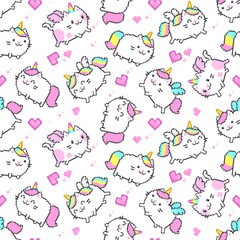 Seamless pattern of Cut Pixel Art Cat Unicorn or Caticorn on pink background. Cartoon Cat unicorns with pink wings for design of backgrounds, wallpapers, fabrics, wrapping paper, scrapbooking