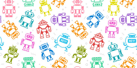 Seamless pattern of Cartoon robots and aliens in 8-bit retro game style - vector seamless pattern. Cute Pixel Art robots toys for design of backgrounds, wallpapers, fabrics, wrapping paper