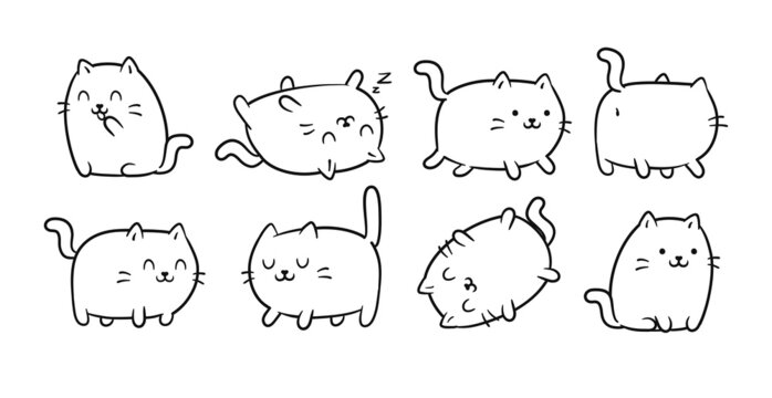 Cute Kawaii Cats or kittens in funny poses - isolated on white vector set. Funny cartoon fat cats in linear style for coloring book, print or sticker design